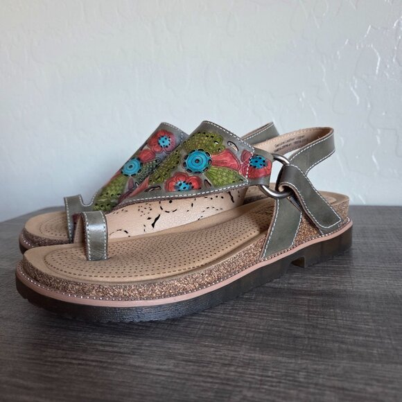 L'Artiste by Spring Step Samya Hand Painted Leather Toe Loop Sandal Grey 9.5-10 - Picture 11 of 11